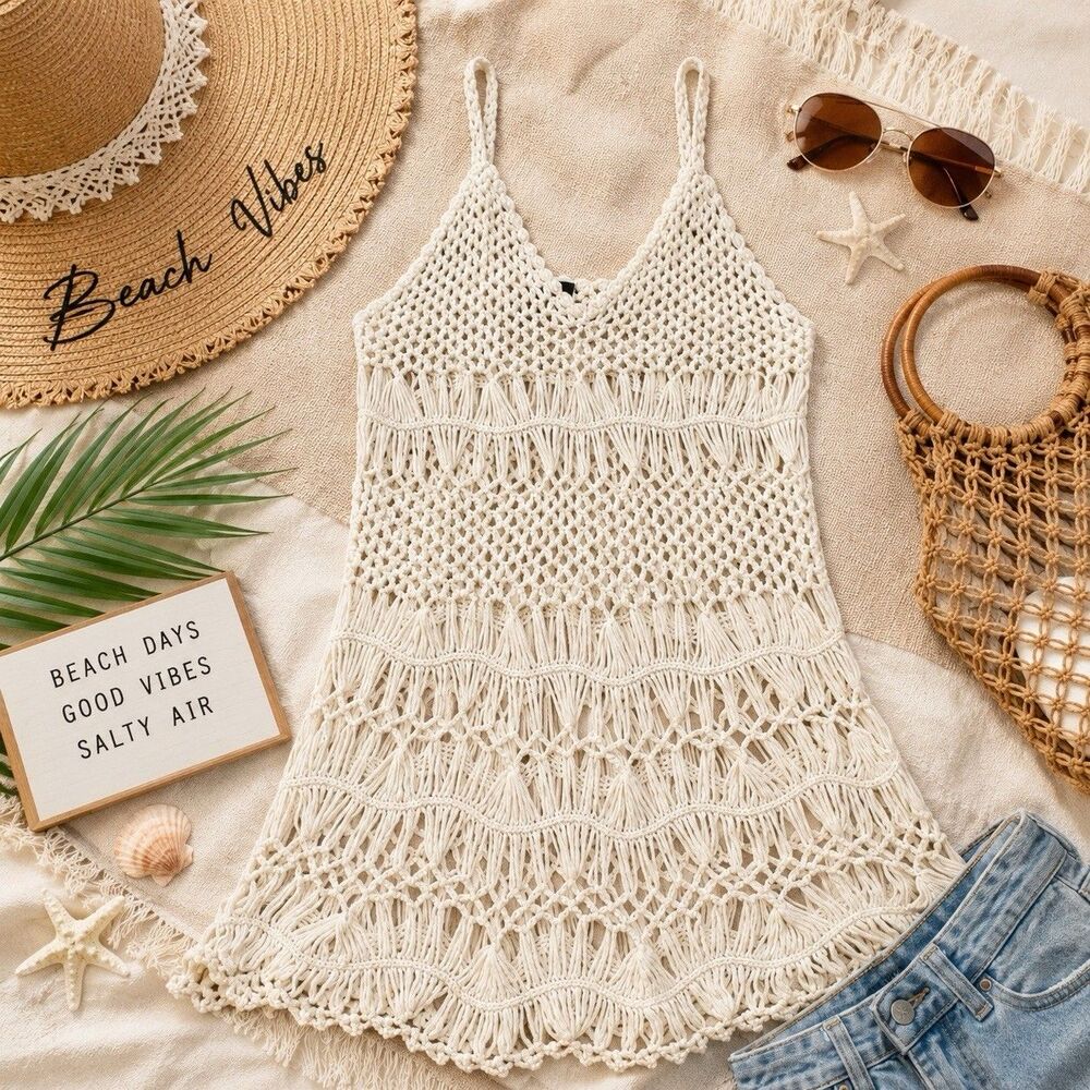 Crochet Beach Cover Up Boho Festival Resortwear Swim Coverup Ivory Off White S/M